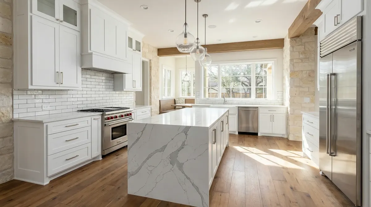Modern kitchen remodeling with white cabinets and quartz countertops in Austin home